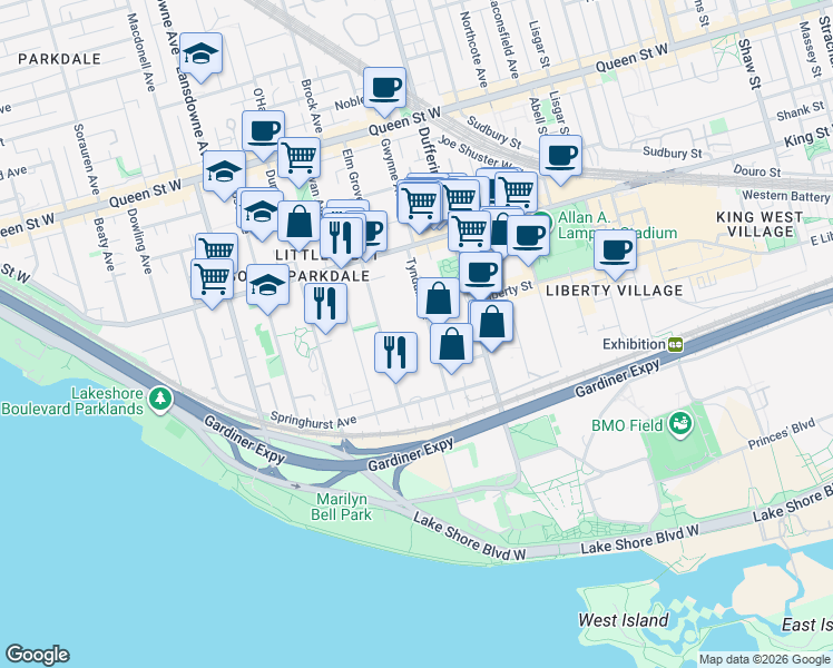 map of restaurants, bars, coffee shops, grocery stores, and more near 90 Tyndall Avenue in Toronto