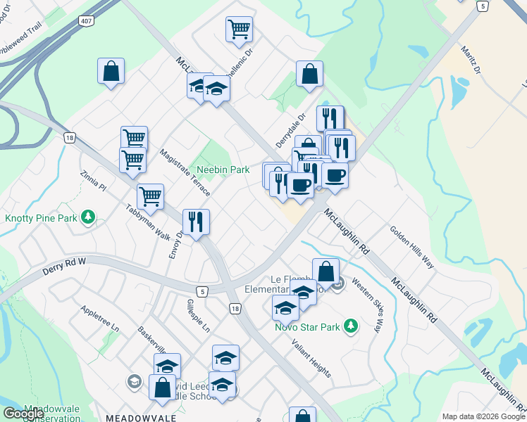 map of restaurants, bars, coffee shops, grocery stores, and more near 7138 Village Walk in Mississauga