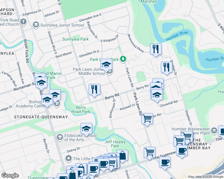 map of restaurants, bars, coffee shops, grocery stores, and more near 100 Ballacaine Drive in Toronto