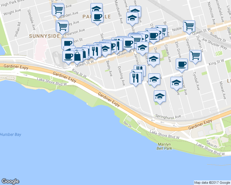 map of restaurants, bars, coffee shops, grocery stores, and more near in Toronto