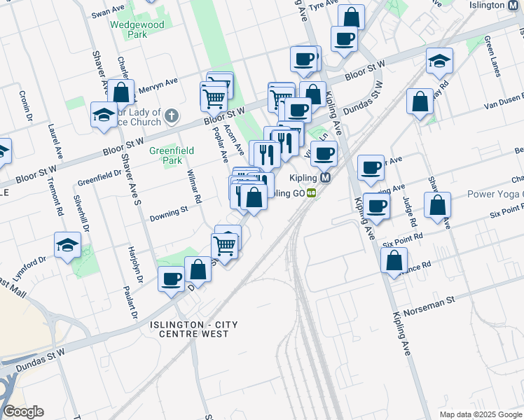 map of restaurants, bars, coffee shops, grocery stores, and more near 5343 Dundas Street West in Etobicoke
