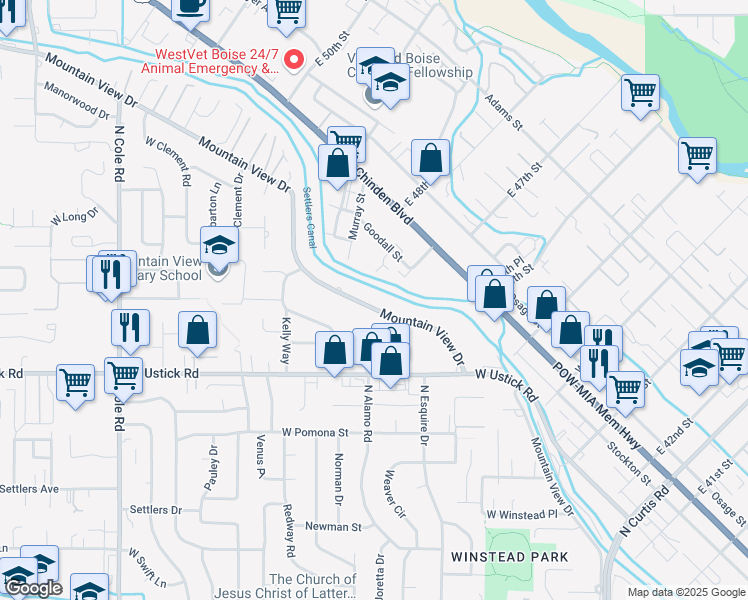 map of restaurants, bars, coffee shops, grocery stores, and more near 3500 Mountain View Drive in Boise