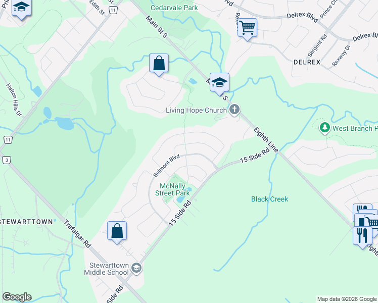 map of restaurants, bars, coffee shops, grocery stores, and more near 35 Belmont Boulevard in Halton Hills