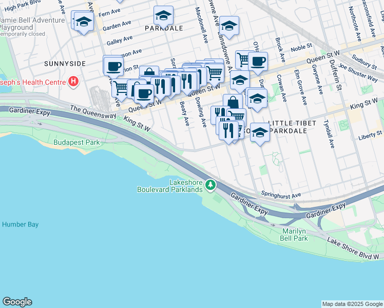 map of restaurants, bars, coffee shops, grocery stores, and more near 1467A King Street West in Toronto