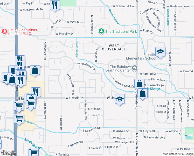 map of restaurants, bars, coffee shops, grocery stores, and more near 12753 West Baldcypress Drive in Boise