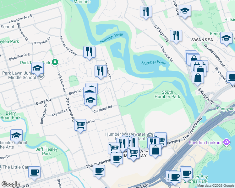 map of restaurants, bars, coffee shops, grocery stores, and more near 109 Stephen Drive in Toronto