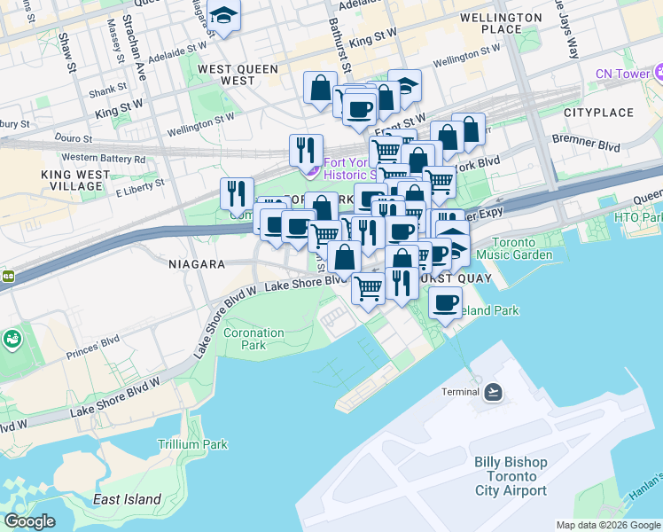 map of restaurants, bars, coffee shops, grocery stores, and more near 1015-628 Fleet Street in Toronto