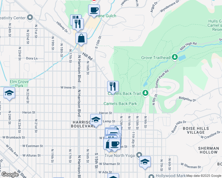 map of restaurants, bars, coffee shops, grocery stores, and more near 1305 West Irene Street in Boise