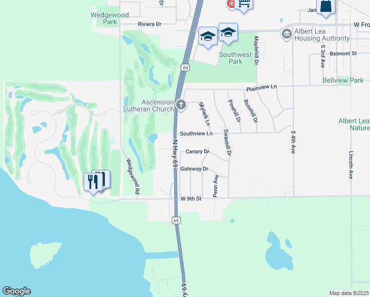 map of restaurants, bars, coffee shops, grocery stores, and more near 1722 Canary Drive in Albert Lea