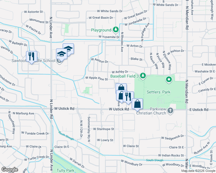 map of restaurants, bars, coffee shops, grocery stores, and more near 978 West Woodpine Street in Meridian