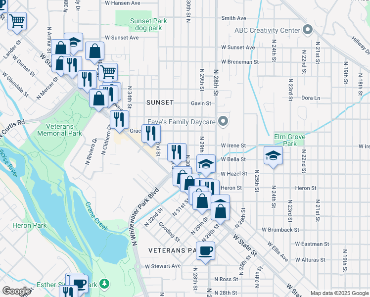 map of restaurants, bars, coffee shops, grocery stores, and more near 1717 North 30th Street in Boise