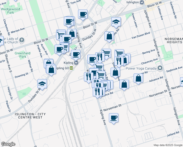 map of restaurants, bars, coffee shops, grocery stores, and more near 386 Bering Avenue in Toronto