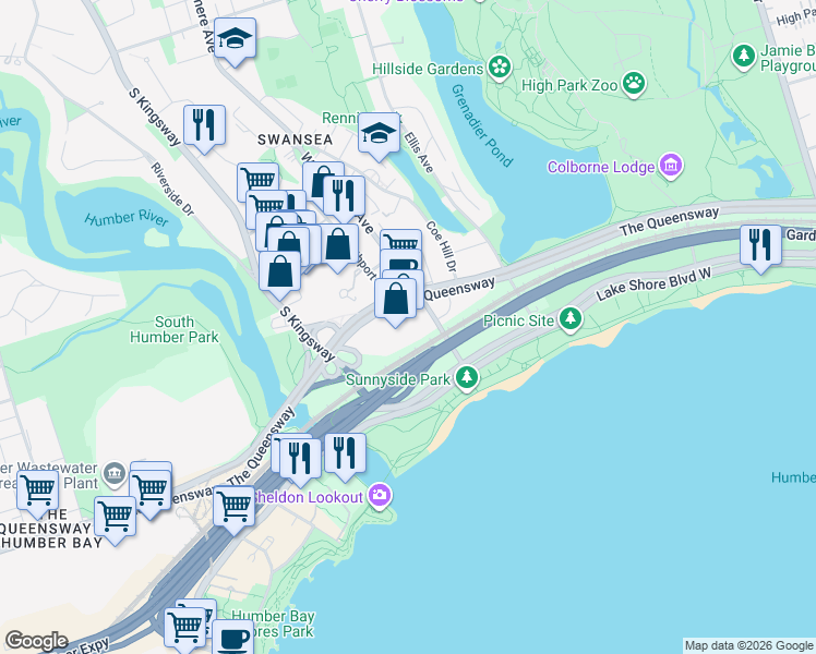 map of restaurants, bars, coffee shops, grocery stores, and more near 103 The Queensway in Toronto