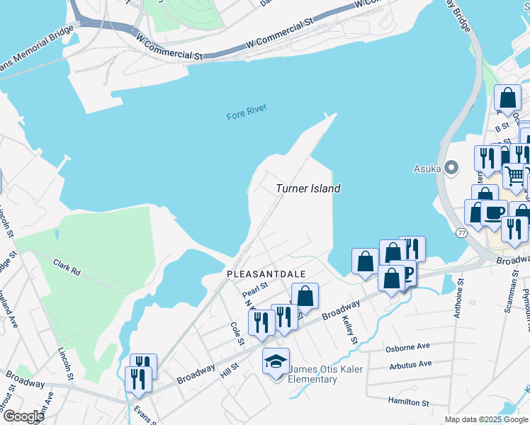 map of restaurants, bars, coffee shops, grocery stores, and more near 55 Elm Street in South Portland
