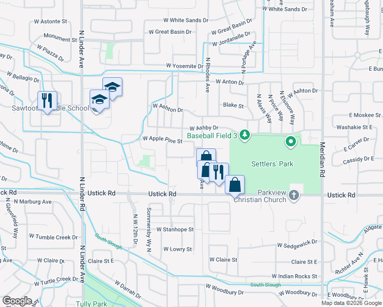 map of restaurants, bars, coffee shops, grocery stores, and more near 850 West Woodpine Street in Meridian