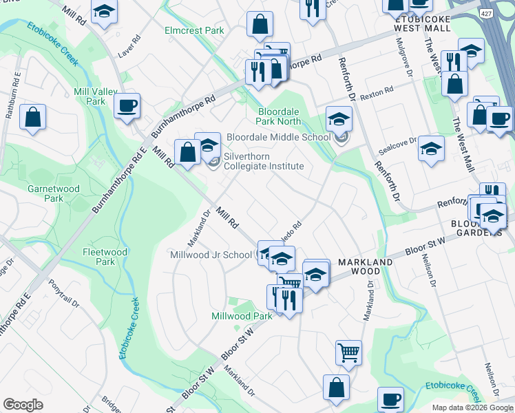 map of restaurants, bars, coffee shops, grocery stores, and more near 18 Winsdale Road in Toronto