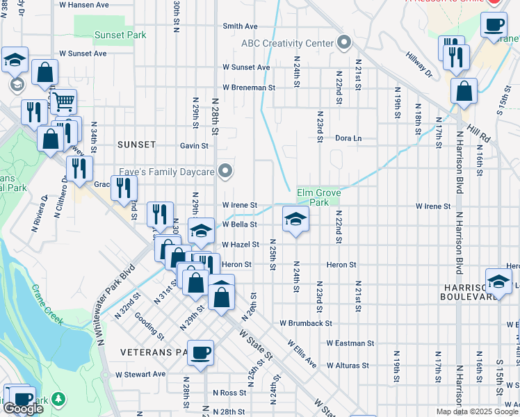 map of restaurants, bars, coffee shops, grocery stores, and more near 2500 West Irene Street in Boise