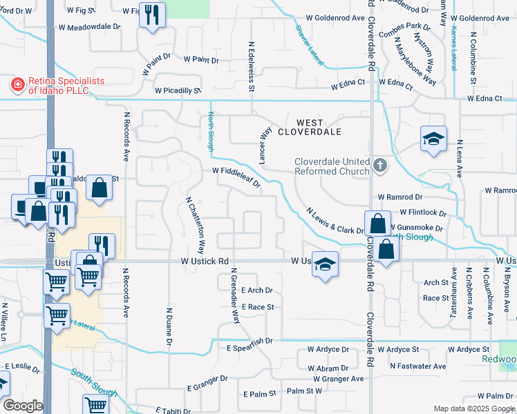 map of restaurants, bars, coffee shops, grocery stores, and more near 12753 West Baldcypress Drive in Boise