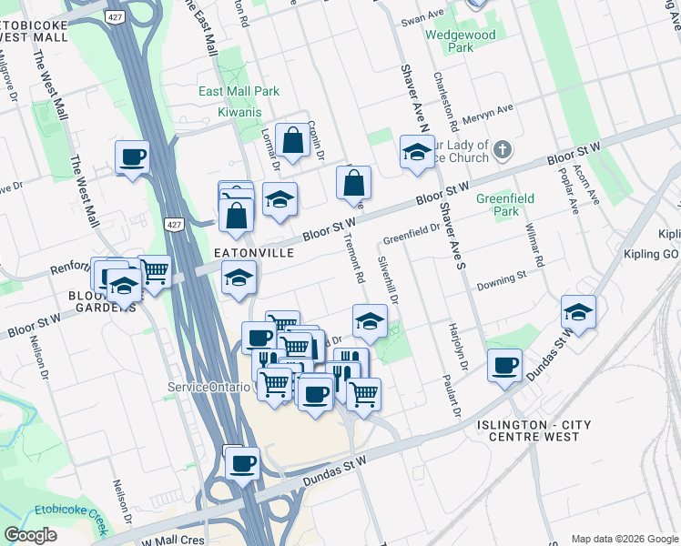 map of restaurants, bars, coffee shops, grocery stores, and more near in Toronto