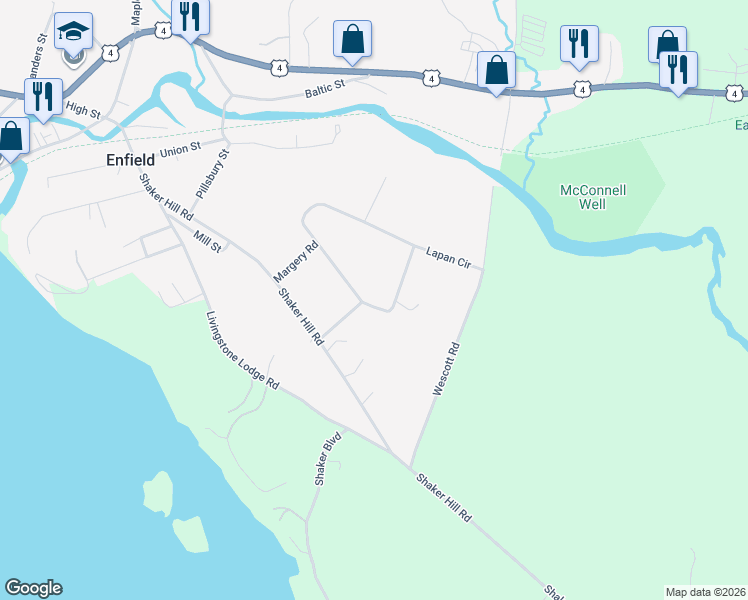 map of restaurants, bars, coffee shops, grocery stores, and more near 141 Lapan Circle in Enfield