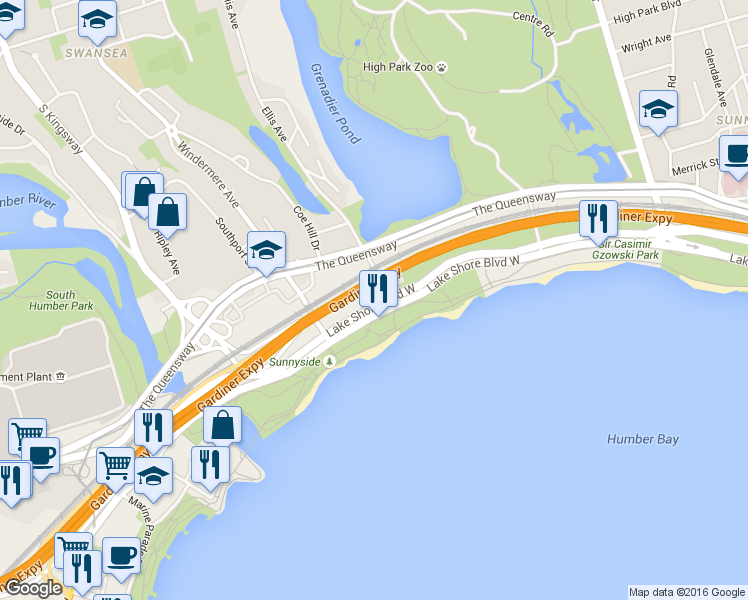 map of restaurants, bars, coffee shops, grocery stores, and more near 1900 Lake Shore Boulevard West in Toronto