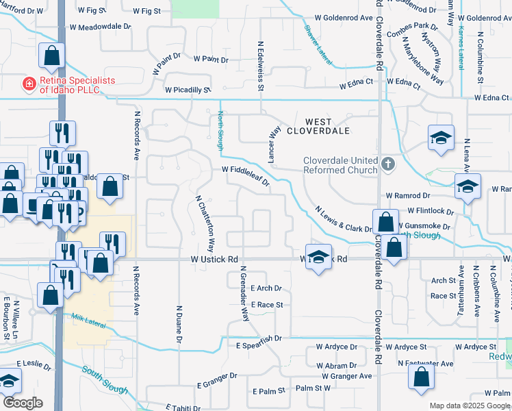 map of restaurants, bars, coffee shops, grocery stores, and more near 12753 West Baldcypress Drive in Boise