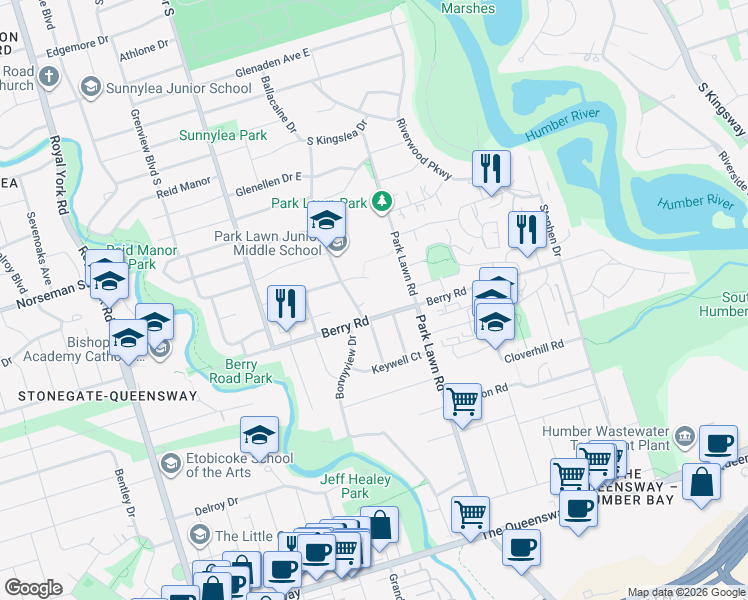 map of restaurants, bars, coffee shops, grocery stores, and more near 2 Minden Crescent in Toronto