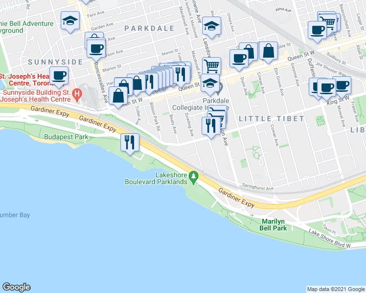map of restaurants, bars, coffee shops, grocery stores, and more near 1471 King Street West in Toronto