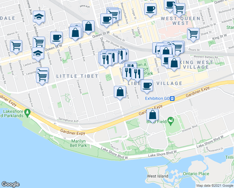 map of restaurants, bars, coffee shops, grocery stores, and more near 200 Dufferin Street in Toronto