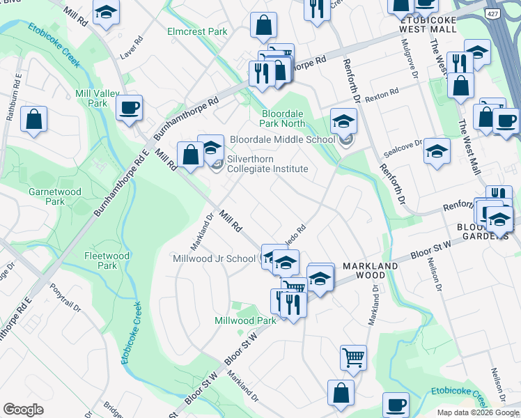 map of restaurants, bars, coffee shops, grocery stores, and more near in Toronto