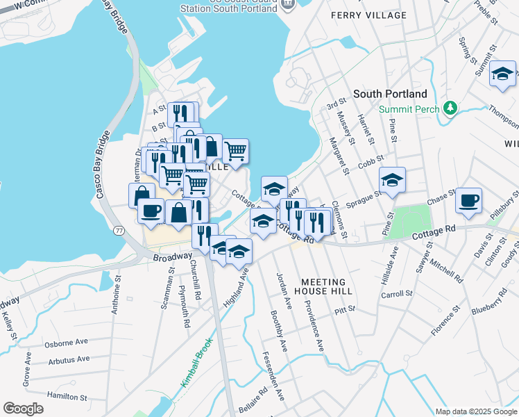map of restaurants, bars, coffee shops, grocery stores, and more near 10 Soule Street in South Portland