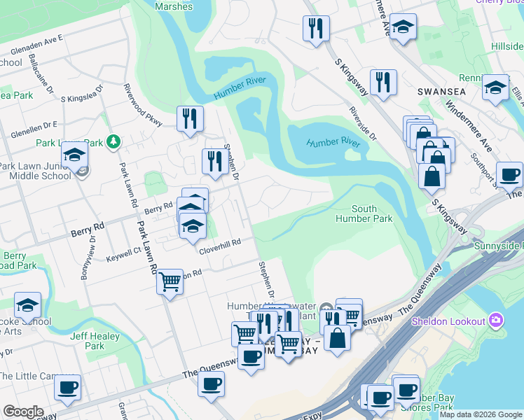 map of restaurants, bars, coffee shops, grocery stores, and more near 4 Tanglewood Terrace in Toronto