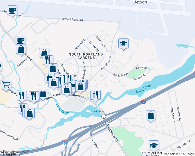 map of restaurants, bars, coffee shops, grocery stores, and more near 555 Westbrook Street in South Portland
