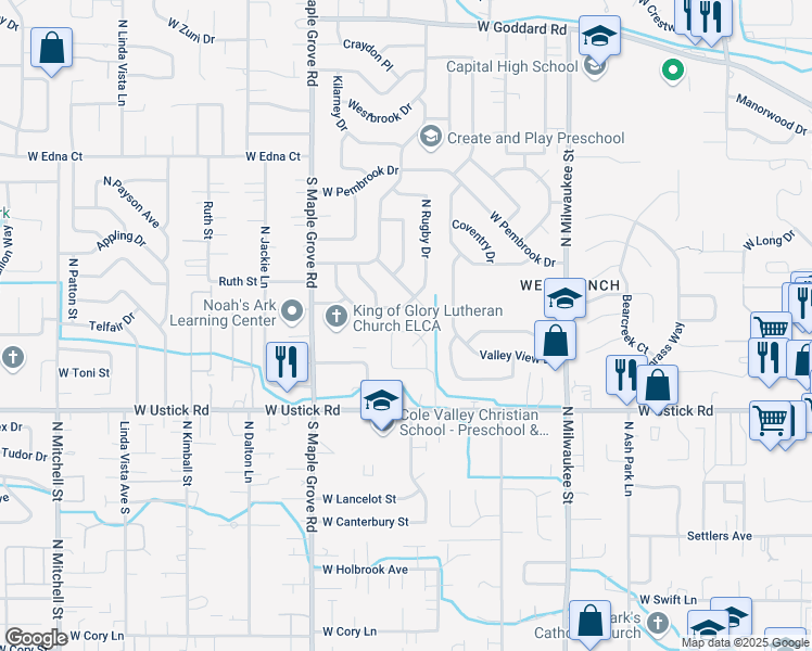 map of restaurants, bars, coffee shops, grocery stores, and more near 3456 North Rugby Way in Boise