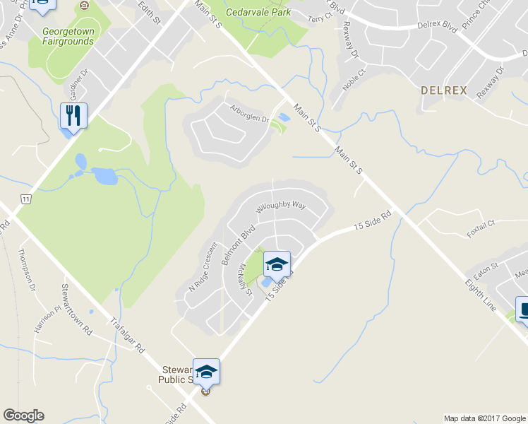 map of restaurants, bars, coffee shops, grocery stores, and more near 38 Willoughby Way in Halton Hills