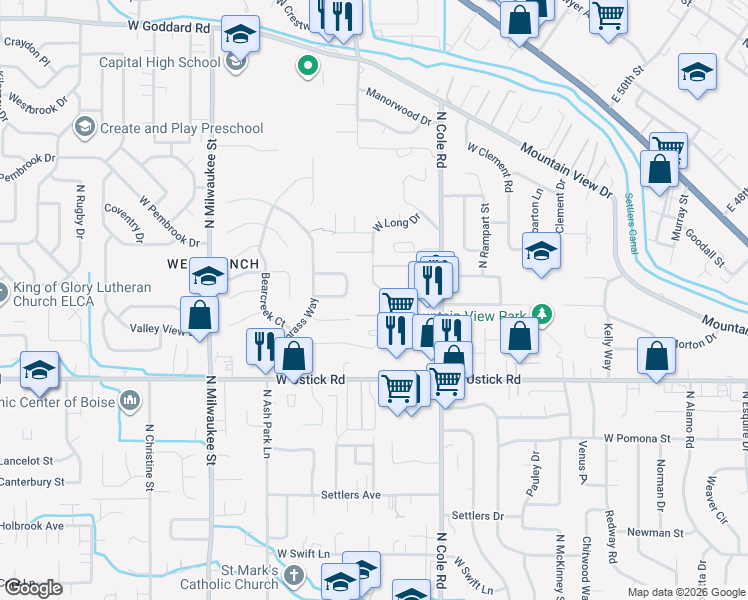 map of restaurants, bars, coffee shops, grocery stores, and more near 3525 North Cole Road in Boise
