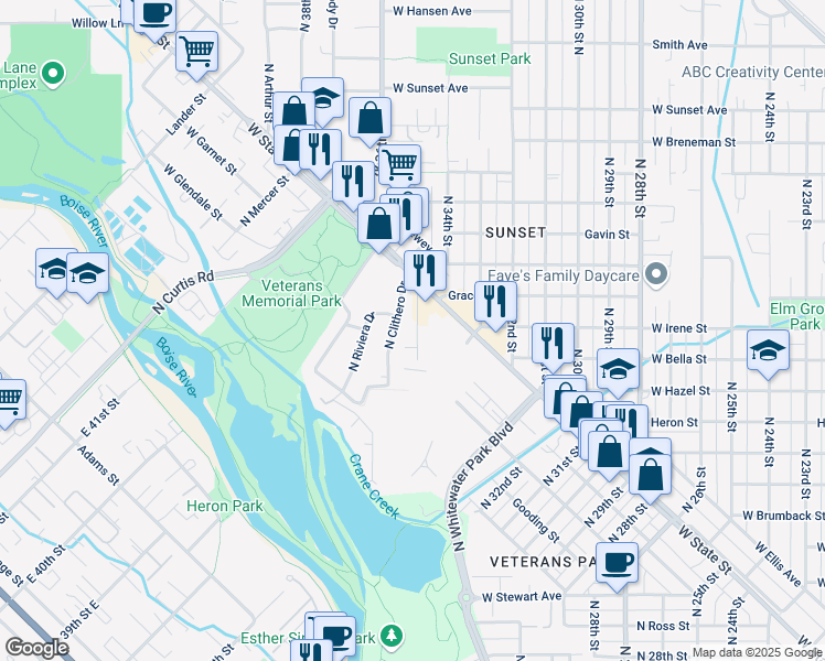 map of restaurants, bars, coffee shops, grocery stores, and more near 1069 North Vine Street in Boise