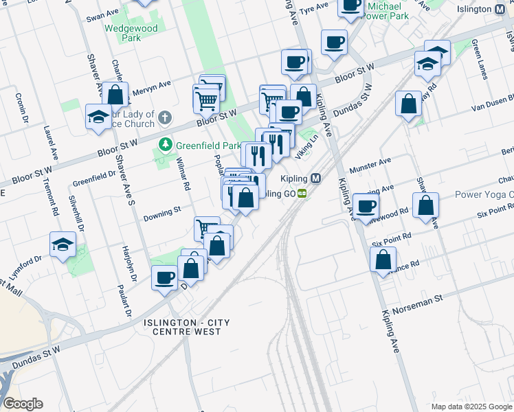 map of restaurants, bars, coffee shops, grocery stores, and more near 5343 Dundas Street West in Toronto