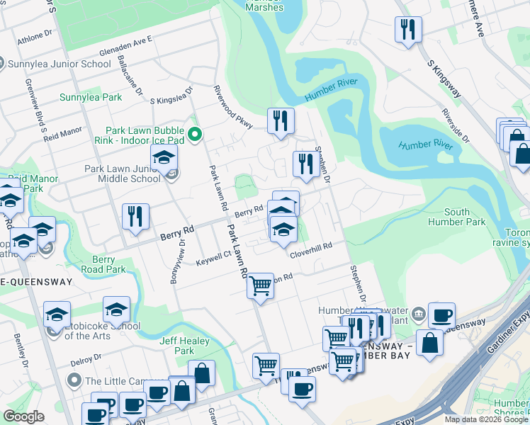 map of restaurants, bars, coffee shops, grocery stores, and more near 183 Berry Road in Toronto