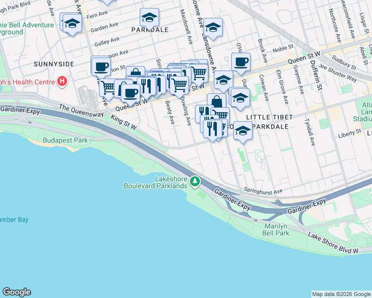 map of restaurants, bars, coffee shops, grocery stores, and more near 1485 King Street West in Toronto