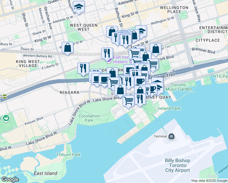 map of restaurants, bars, coffee shops, grocery stores, and more near 11 Bastion Street in Toronto