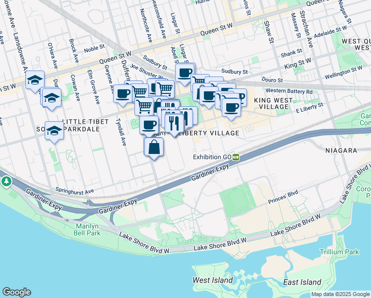 map of restaurants, bars, coffee shops, grocery stores, and more near 60A Fraser Avenue in Toronto