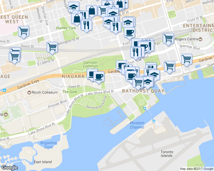 map of restaurants, bars, coffee shops, grocery stores, and more near 11 Bastion Street in Toronto