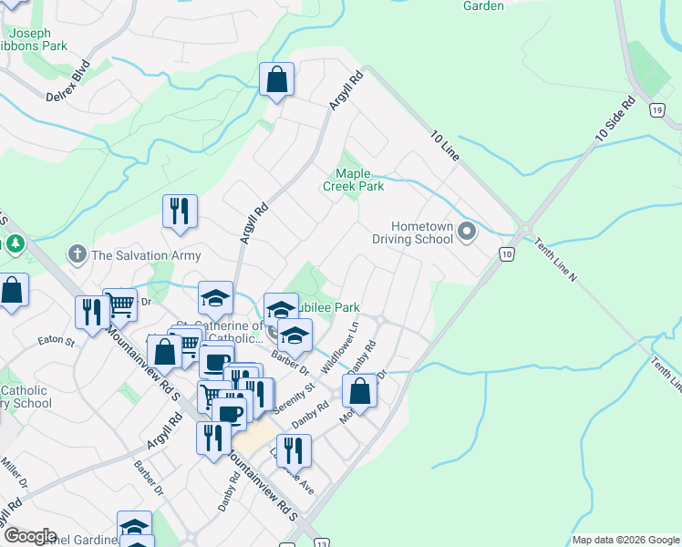 map of restaurants, bars, coffee shops, grocery stores, and more near 212 Niagara Trail in Halton Hills