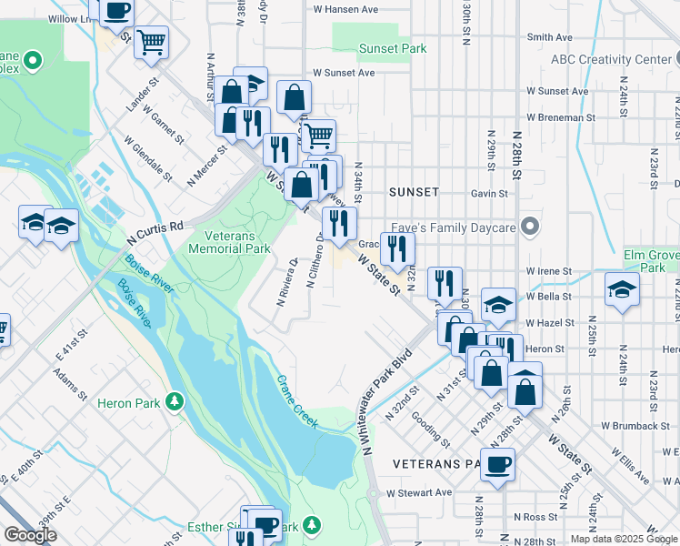 map of restaurants, bars, coffee shops, grocery stores, and more near 1069 North Vine Street in Boise