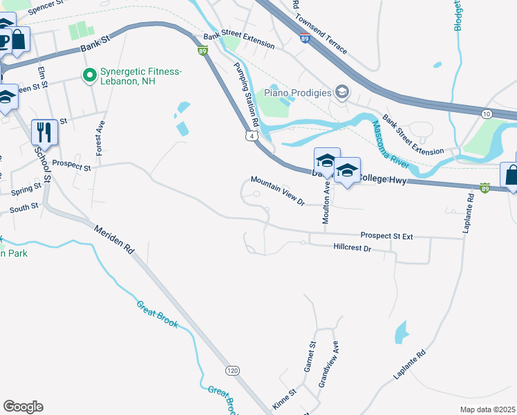 map of restaurants, bars, coffee shops, grocery stores, and more near 87 Mountain View Drive in Lebanon