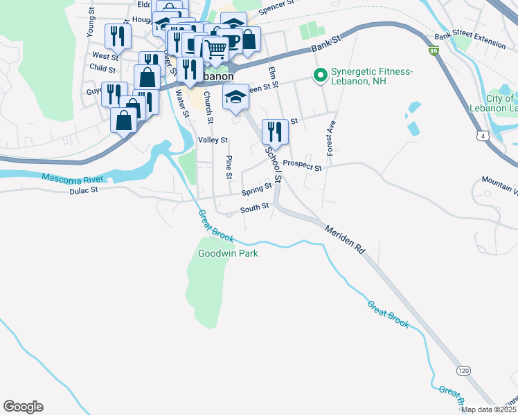map of restaurants, bars, coffee shops, grocery stores, and more near 11 South Street in Lebanon