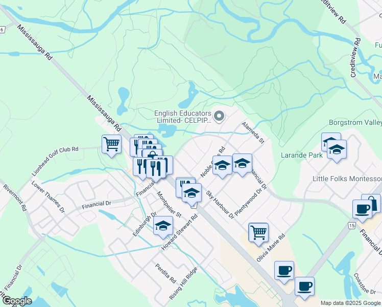 map of restaurants, bars, coffee shops, grocery stores, and more near 12 Stonecrop Road in Brampton