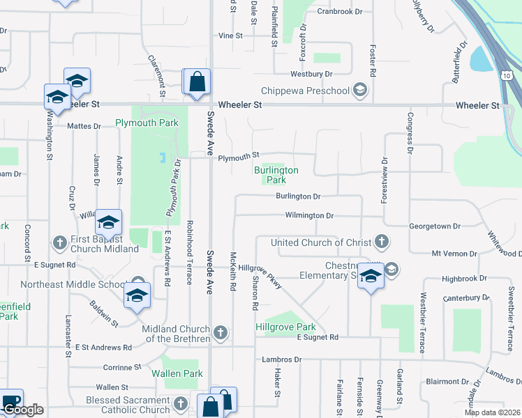 map of restaurants, bars, coffee shops, grocery stores, and more near 1905 Wilmington Drive in Midland
