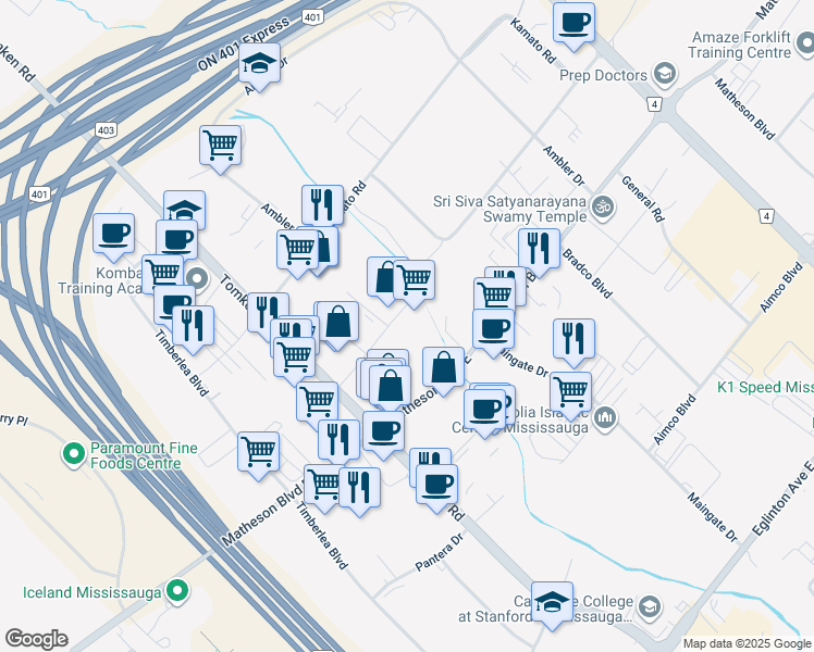 map of restaurants, bars, coffee shops, grocery stores, and more near 1091 Brevik Place in Mississauga